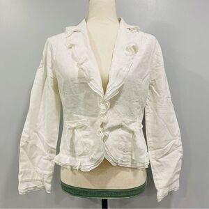 SILK LAND 4 White Linen Blend Blazer Jacket Ruffle Cottage Fairy Feminine Chic*